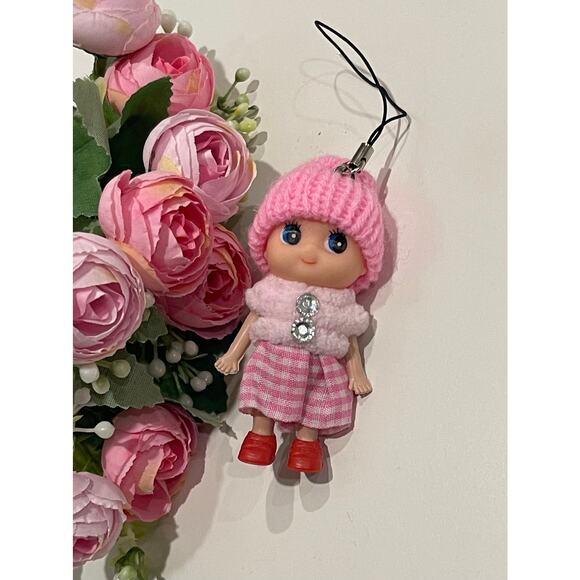 Cute mini doll keychain ornament hanging 3" Pink Outfit Rhinestones - Picture 1 of 5